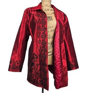 Silk Land Woman Red Wine Embroidered Beaded Silk Blend Blazer Jacket Size 20W